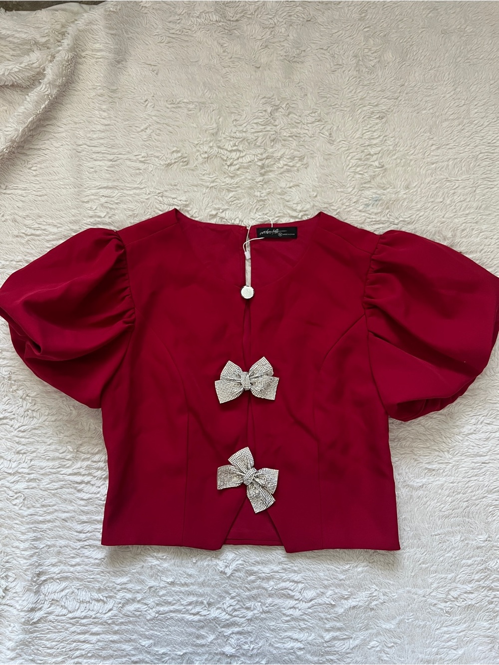 On Twelfth Red Rhinestone Bow Puff Sleeve Crop Top - Size Medium